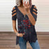 Elegant Large Rose Print T-Shirt Women Summer Hollow Out Splicing Short Sleeve Tops Fashion Loose V Neck Zipper Female Tees 2024